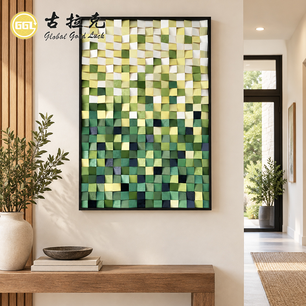 Handmade 3D Green Gradient Wood Mosaic Mural