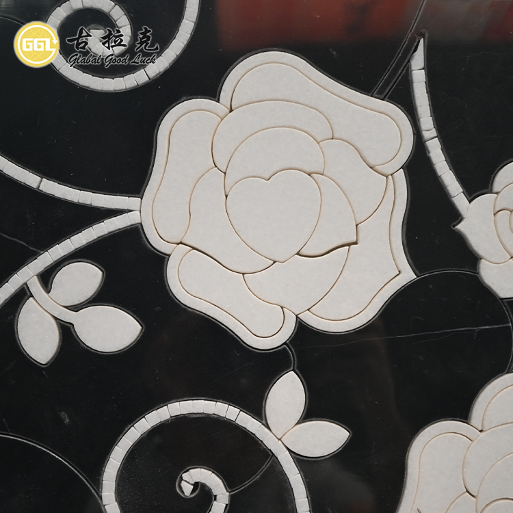 Mosaico de Lujo Negro con Blanco Mármol Diseño Floral por Chorro de Agua para Decoración Interior