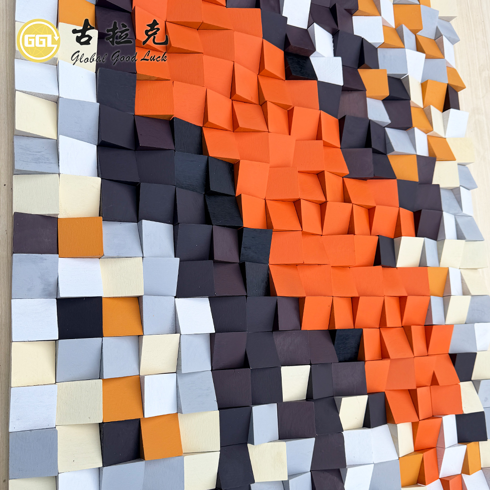 Handmade 3D Abstract Wood Mosaic Mural with Orange & Black Tones