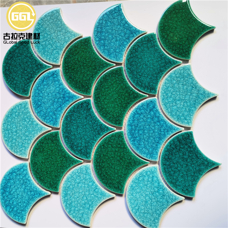 Multicolor Fan-Shaped Crackle Glazed Ceramic Mosaic Tile for Decorative Interiors
