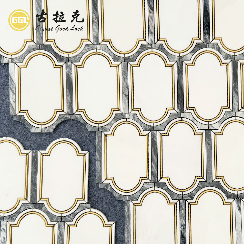 Bespoke Florence Grey Marble Mosaic with Brass Inlay | Architectural Waterjet Stone Design