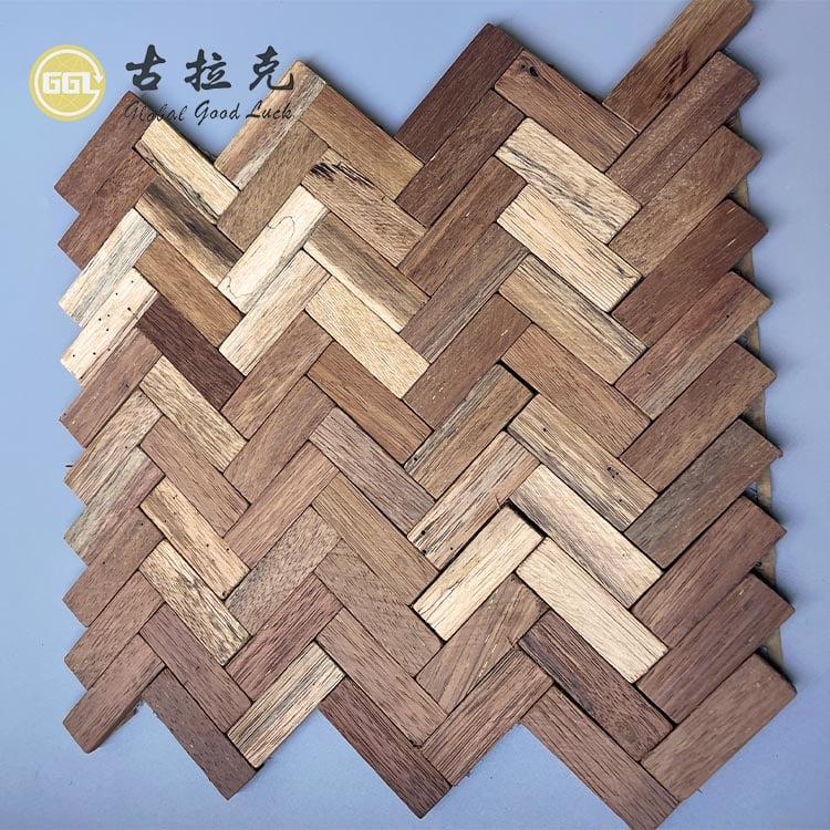 Natural Herringbone Wood Mosaic Tiles – Rustic Wooden Wall Panels for Interior Decoration