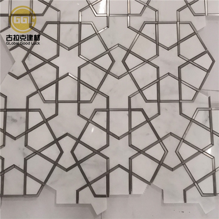 Azulejo de mosaico hexagonal con incrustaciones de acero inoxidable, azulejo de mármol cortado por chorro de agua para decoración del hogar