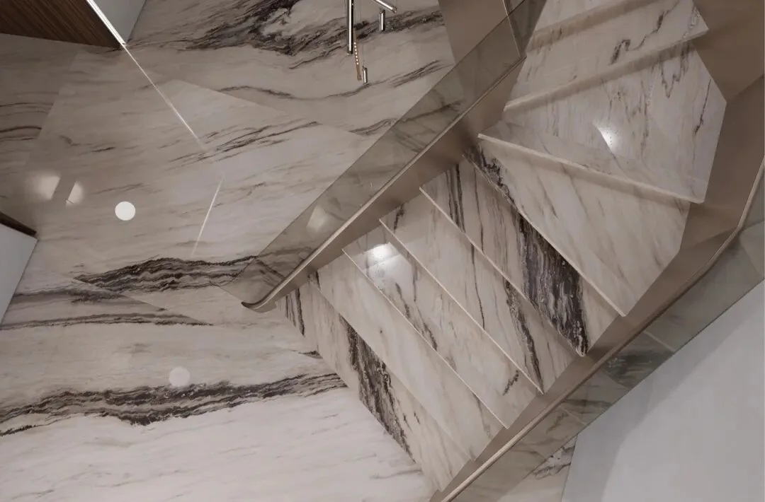 Close view of Palissandro Bianco Marble stair treads and risers with aligned veins