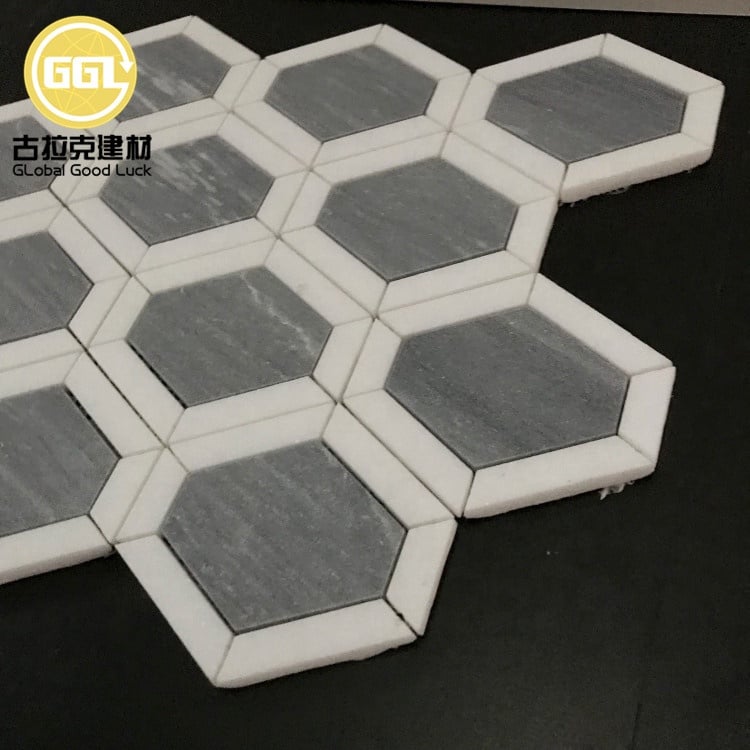 4 Zoll Sechseckmuster Marmor Grau Mix Weiß Mosaikfliese für Badezimmer Rückwand Wand Boden Dekor
