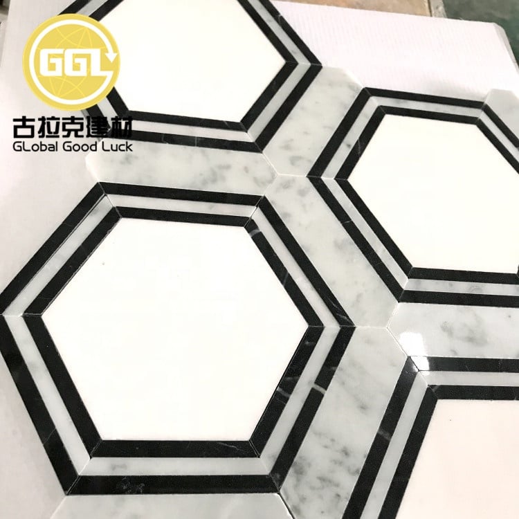 Poliertes Carrara-Weiß-Marmor-Mix-Nero-Schwarz-Marmor-Hexagon-Form-Mosaik-Kachel Für Heim/Villa-Wand/Boden-Design
