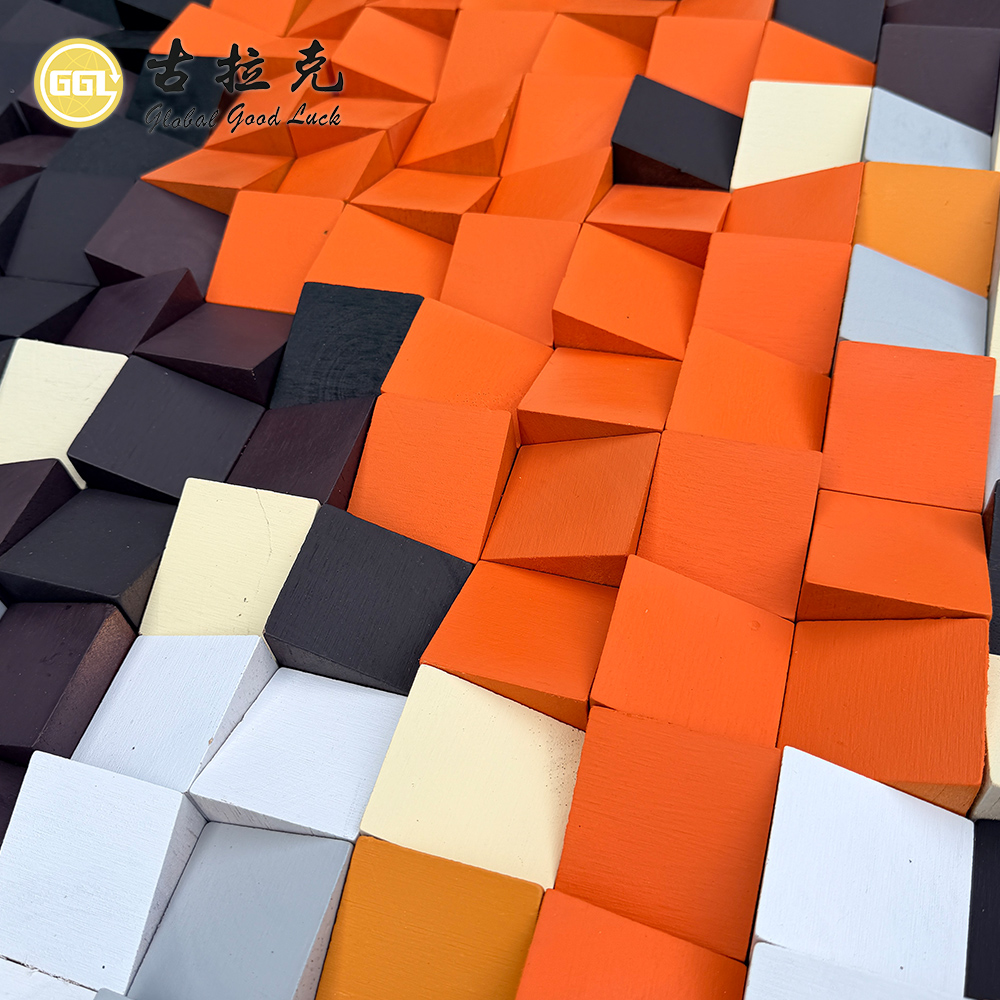 Handmade 3D Abstract Wood Mosaic Mural with Orange & Black Tones
