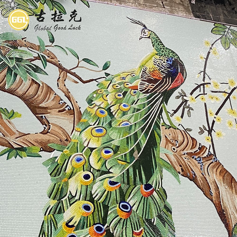 Mural de Mosaico em Vidro Personalizado com Pavão e Árvore | Arte de Parede em Mosaico Personalizada