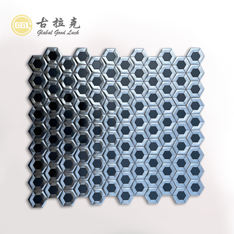 3D Vlekvrye Staal Mosaïek Backsplash Seshoek Silwer Metaal Mosaïek Teël