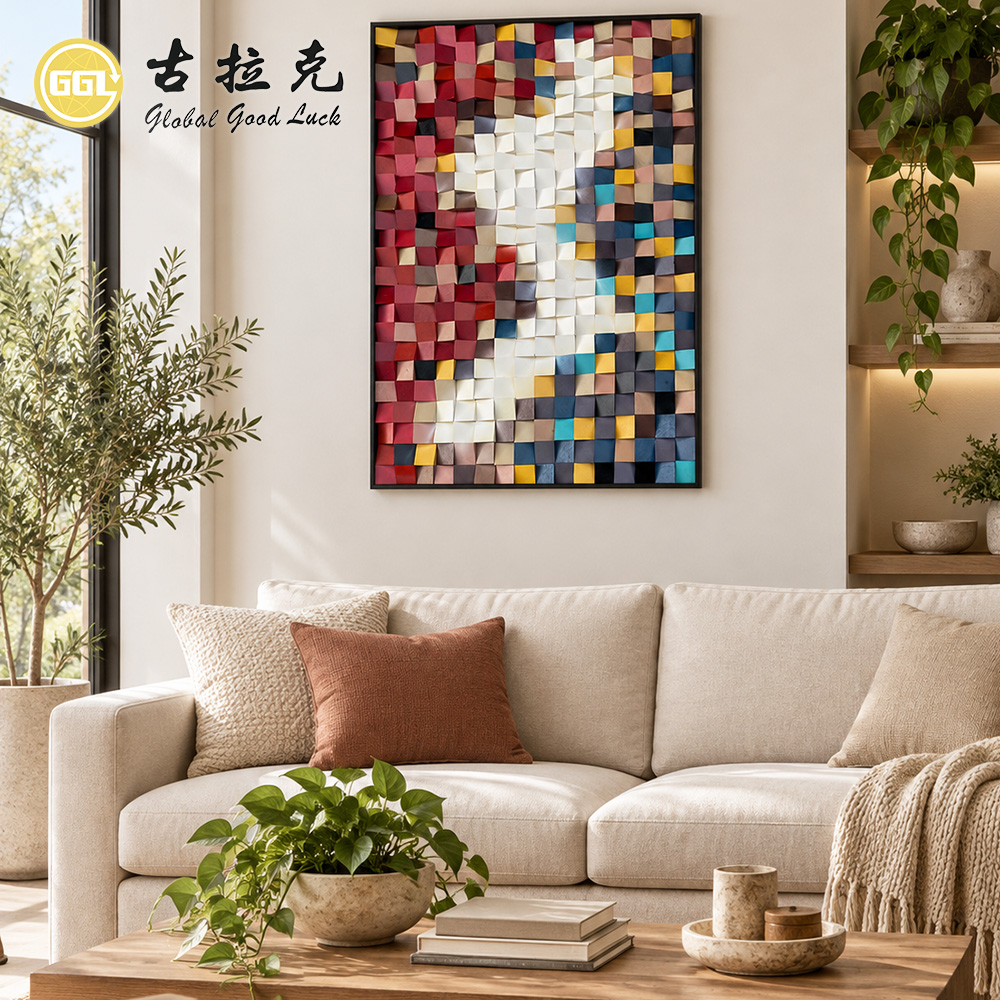 Handmade 3D Abstract Color Block Wood Mosaic Mural
