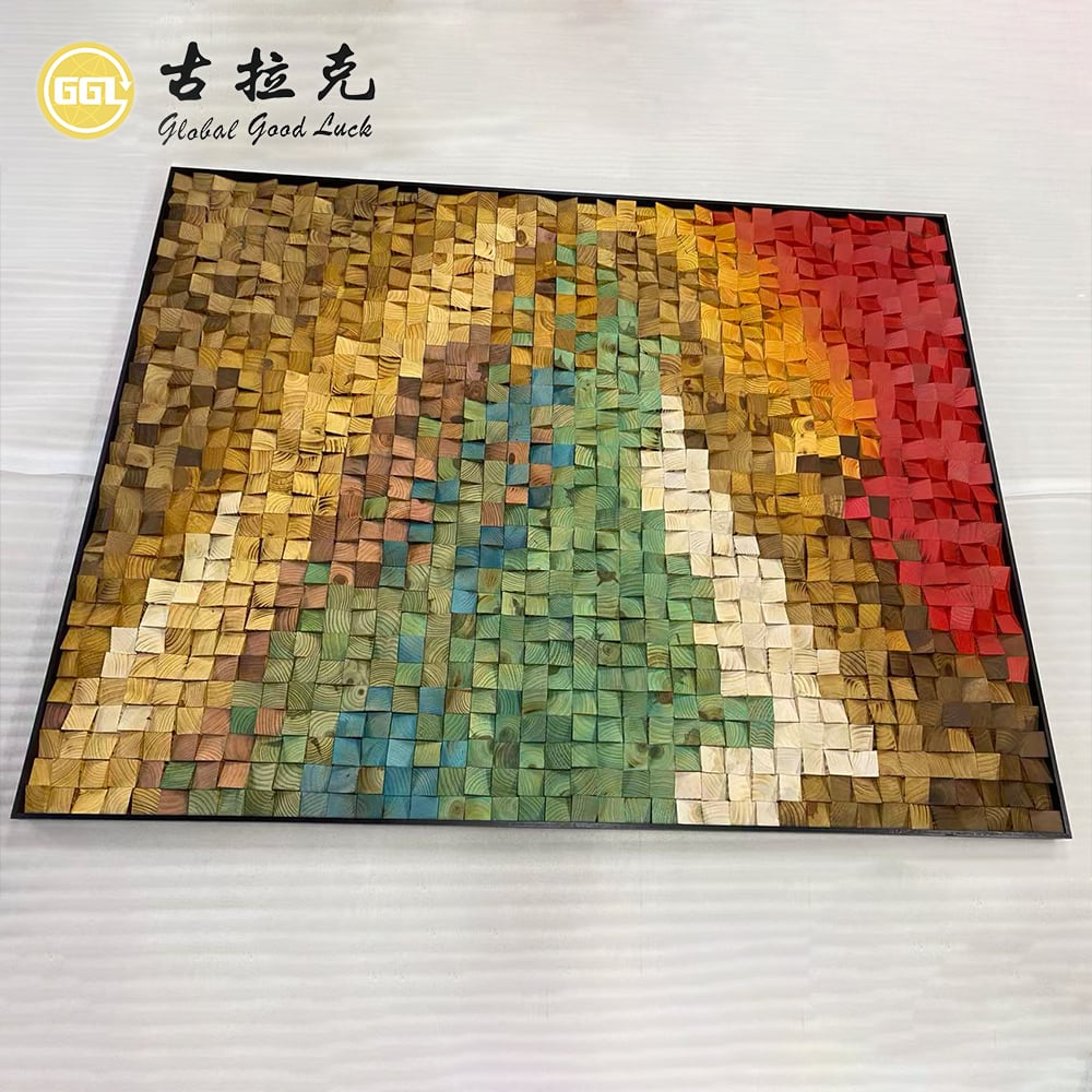 Custom 3D Color Gradient Wood Mosaic Wall Art Mural for Home Wall Panel Decoration