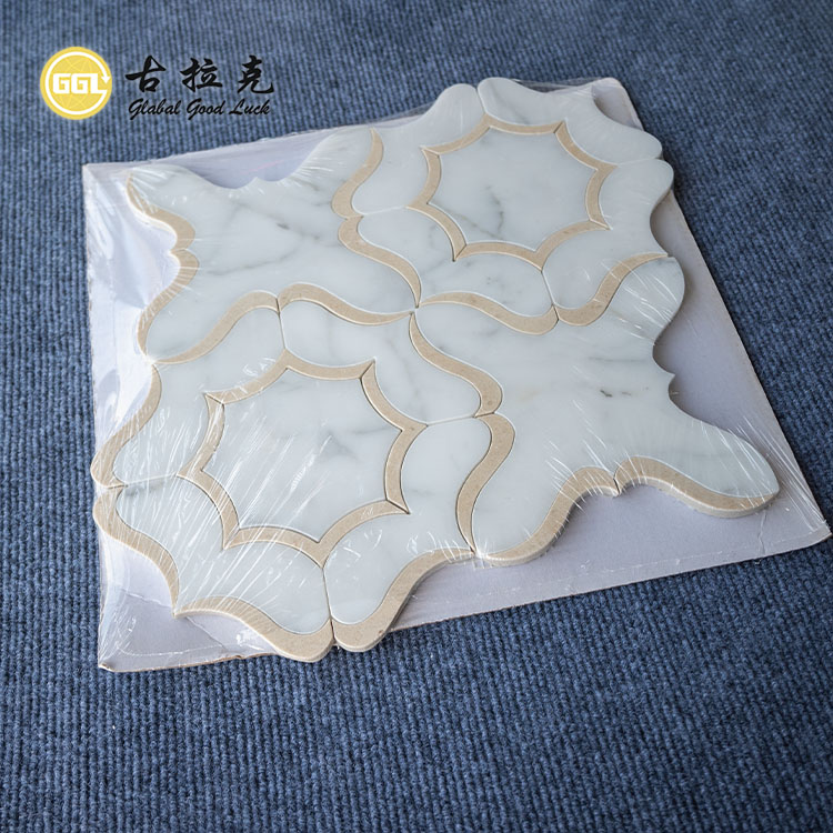 Calacatta White Mix Beige Patterns Marble Waterjet Mosaic Tile for Interior Decor