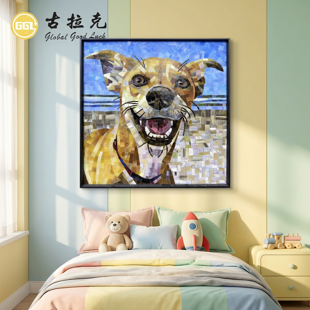 Mural de mosaico de vidrio personalizado para perros – Arte mural de mosaico animal personalizado para interiores de lujo