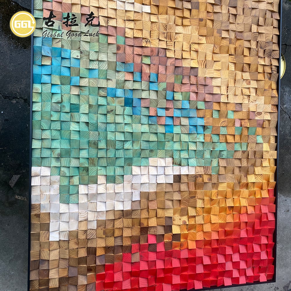Custom 3D Color Gradient Wood Mosaic Wall Art Mural for Home Wall Panel Decoration
