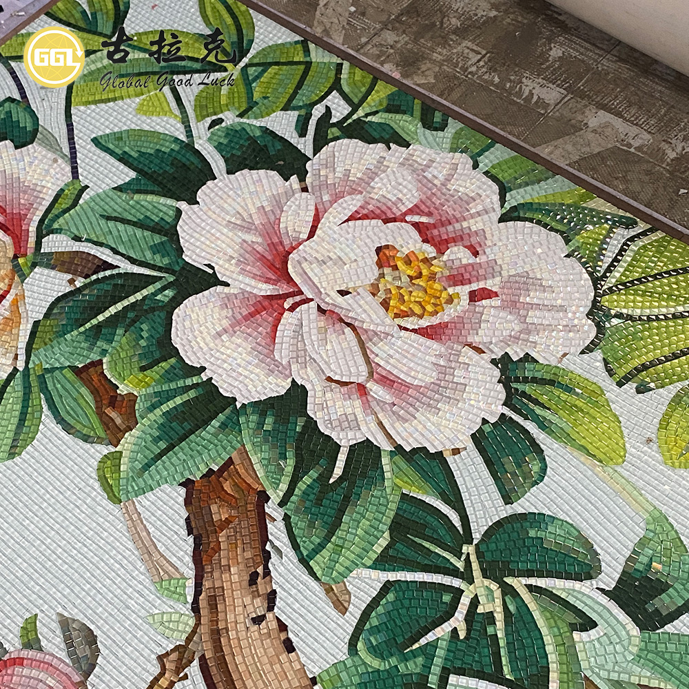 Mural de Mosaico em Vidro Personalizado com Pavão e Árvore | Arte de Parede em Mosaico Personalizada