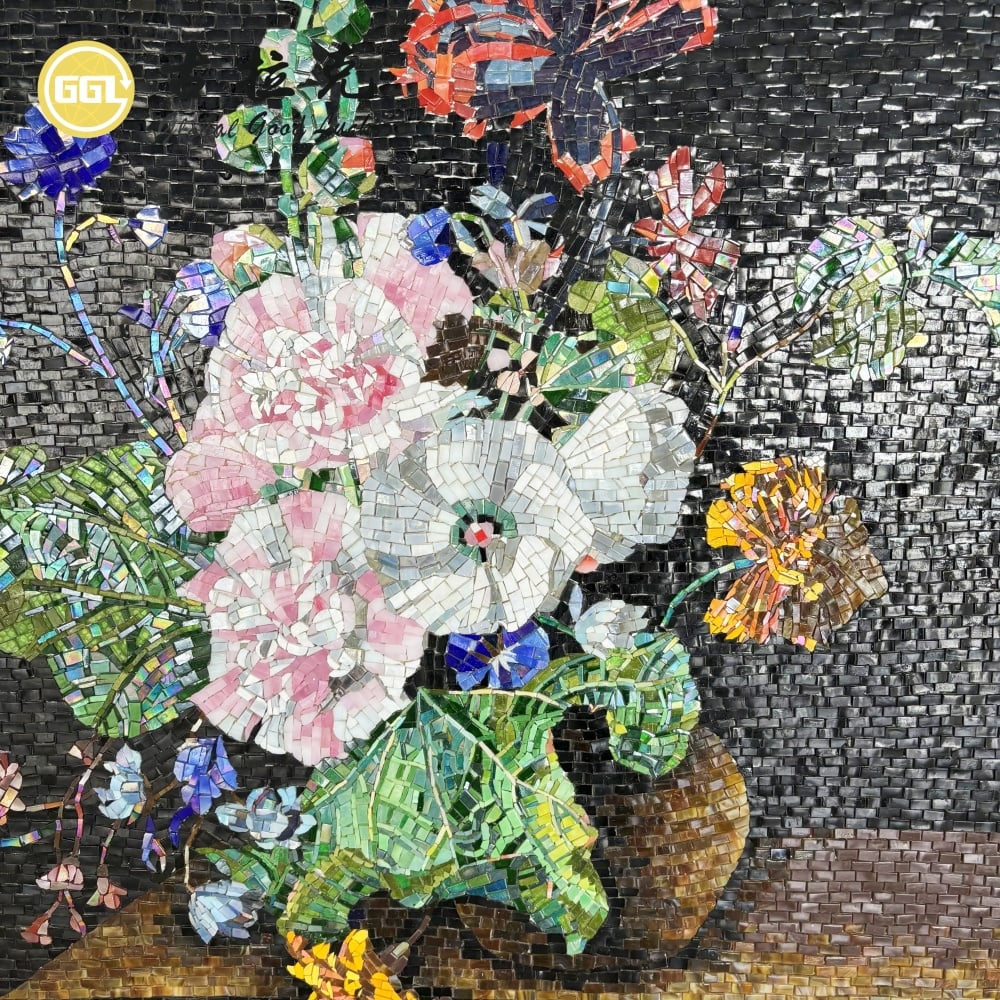 Handmade Natural Glass Mosaic Floral Artwork – Luxury Flower Stone Wall Art