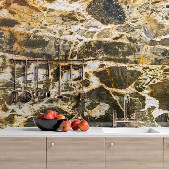 Andes Quartzite Slab in Luxury Interiors: Bathroom, Kitchen & Bookmatched Wall Applications