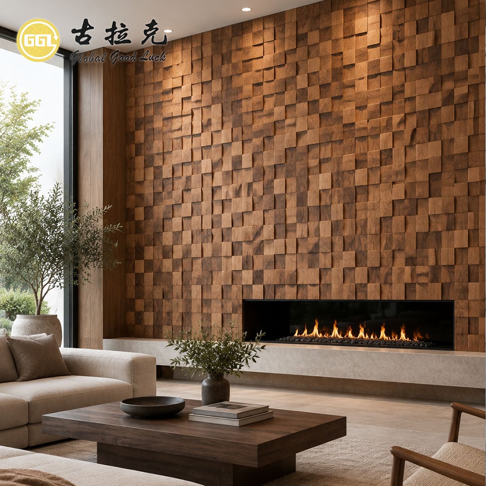 Natural Wood Mosaic Wall Panel – 3D Decorative Wood Wall Cladding for Luxury Interiors