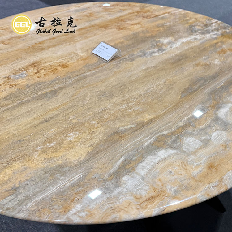 Italienischer Travertin Goldener Tischsatz Runder Marmor Luxusdesign Couchtisch