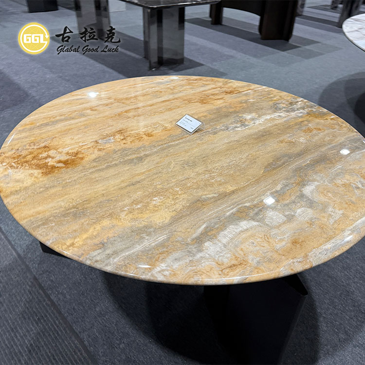 Italienischer Travertin Goldener Tischsatz Runder Marmor Luxusdesign Couchtisch