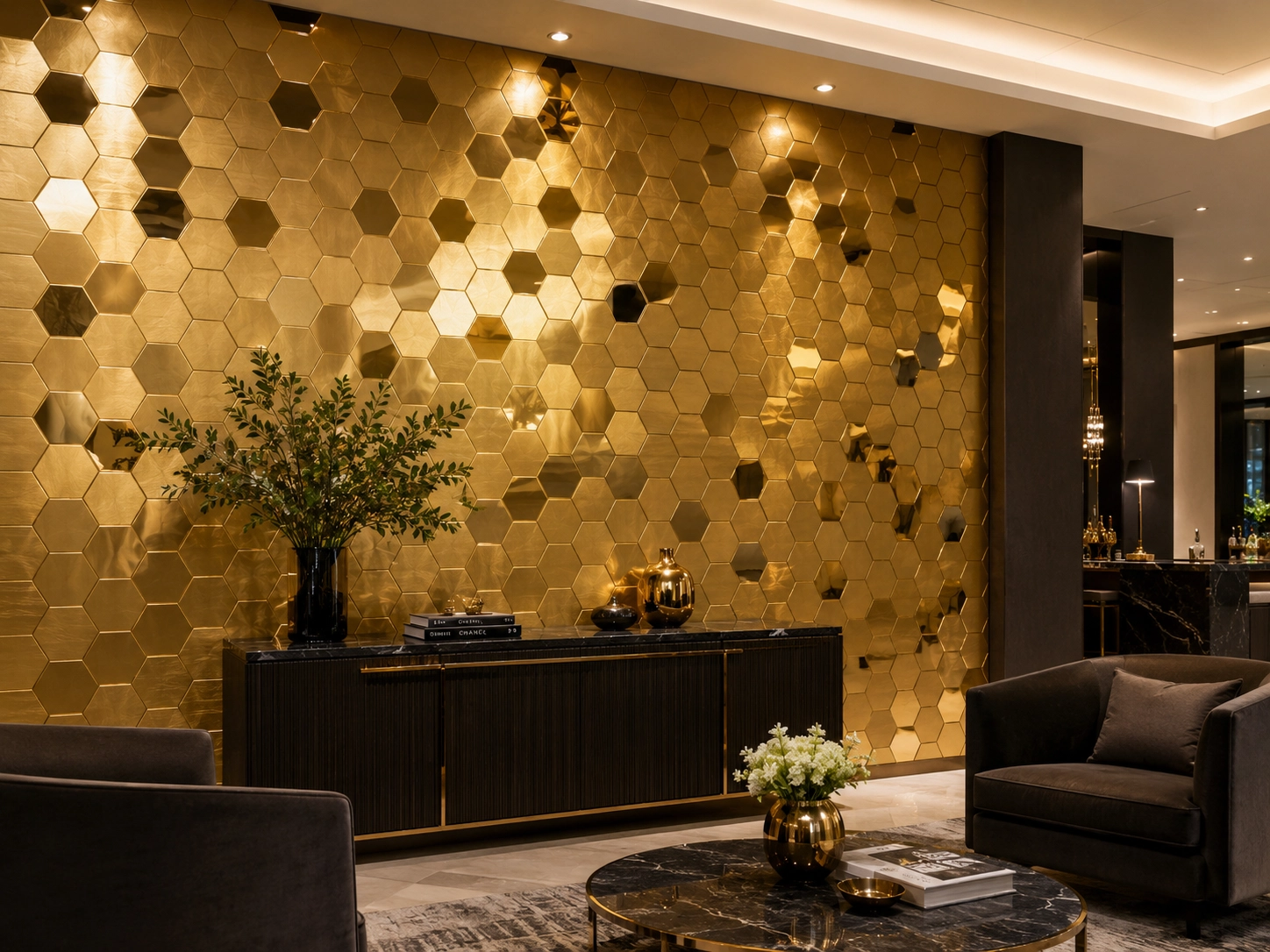 Hexagon Golden Stainless Steel Mosaic Tiles.webp