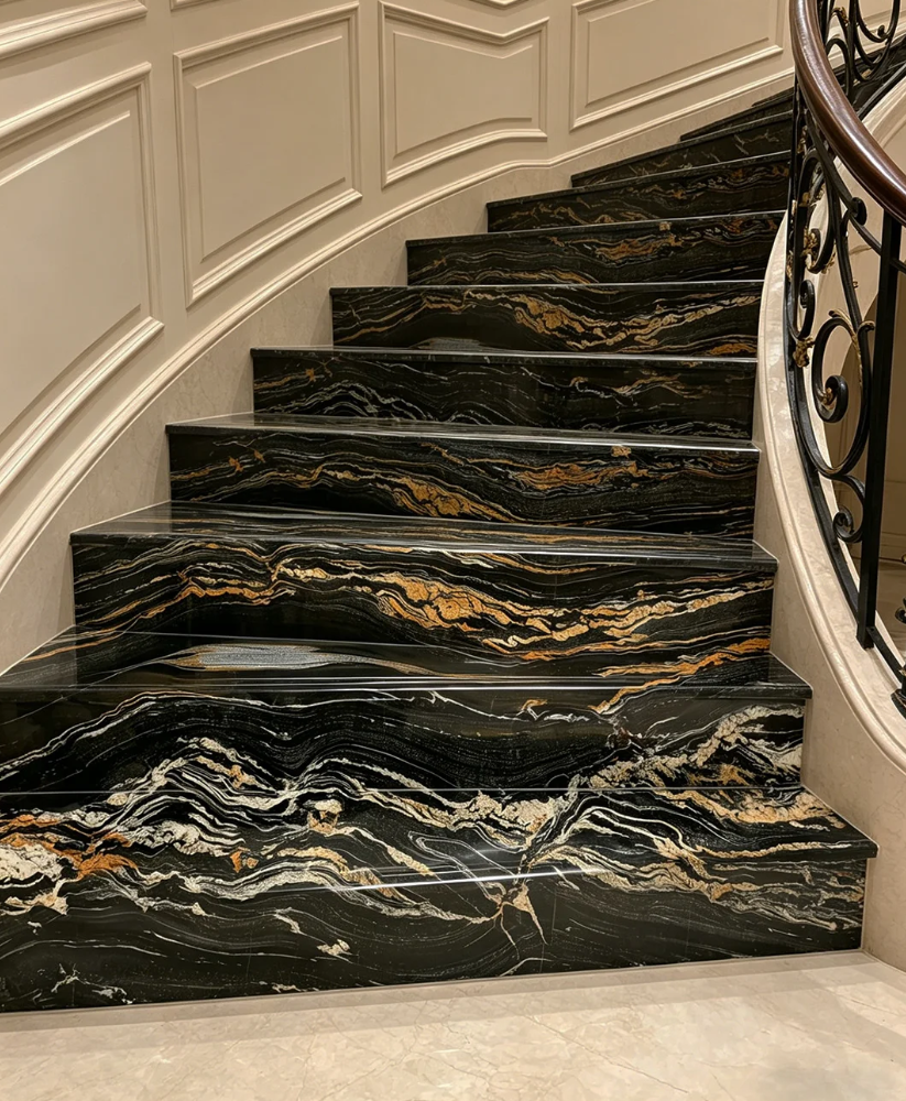 Curved staircase finished with Gold Silk Granite