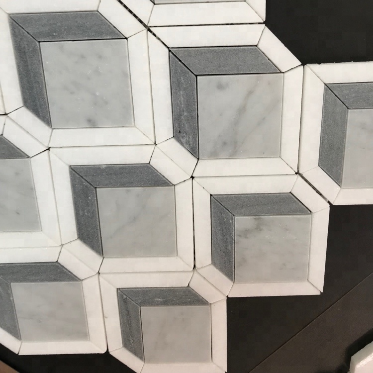 4 Zoll Thassos Weiße Mischkombinierte Hell- und Dunkelblaue Fliese Edles Diamantdesign Marmor Mosaikfliese für Kamin Dekoration