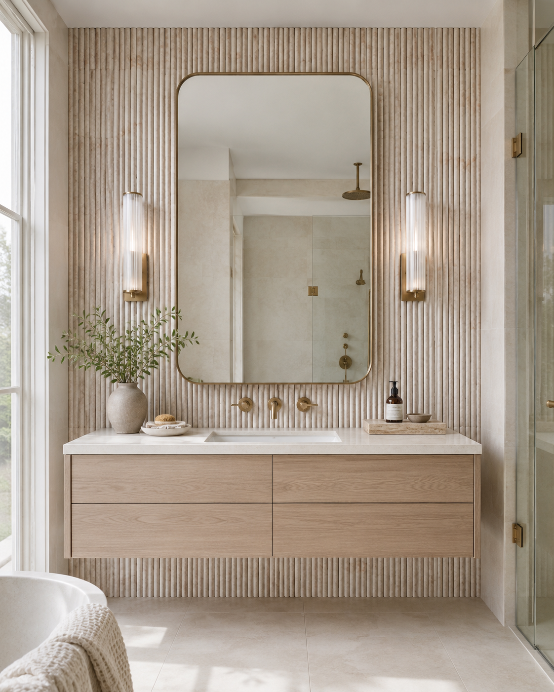 Close-up of Taj Mahal Quartzite fluted panel showcasing natural stone texture and linear groove craftsmanship