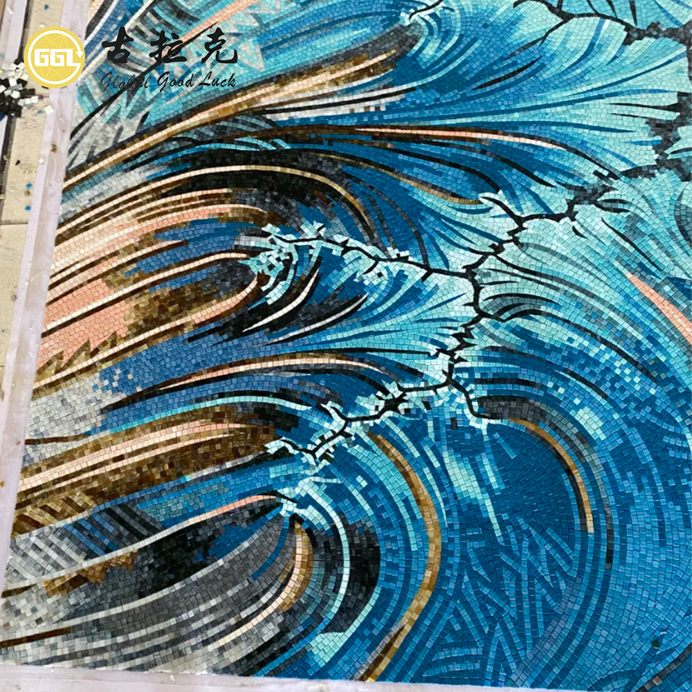 Custom Blue Wave Mosaic Mural for Luxury Interior Wall Decoration