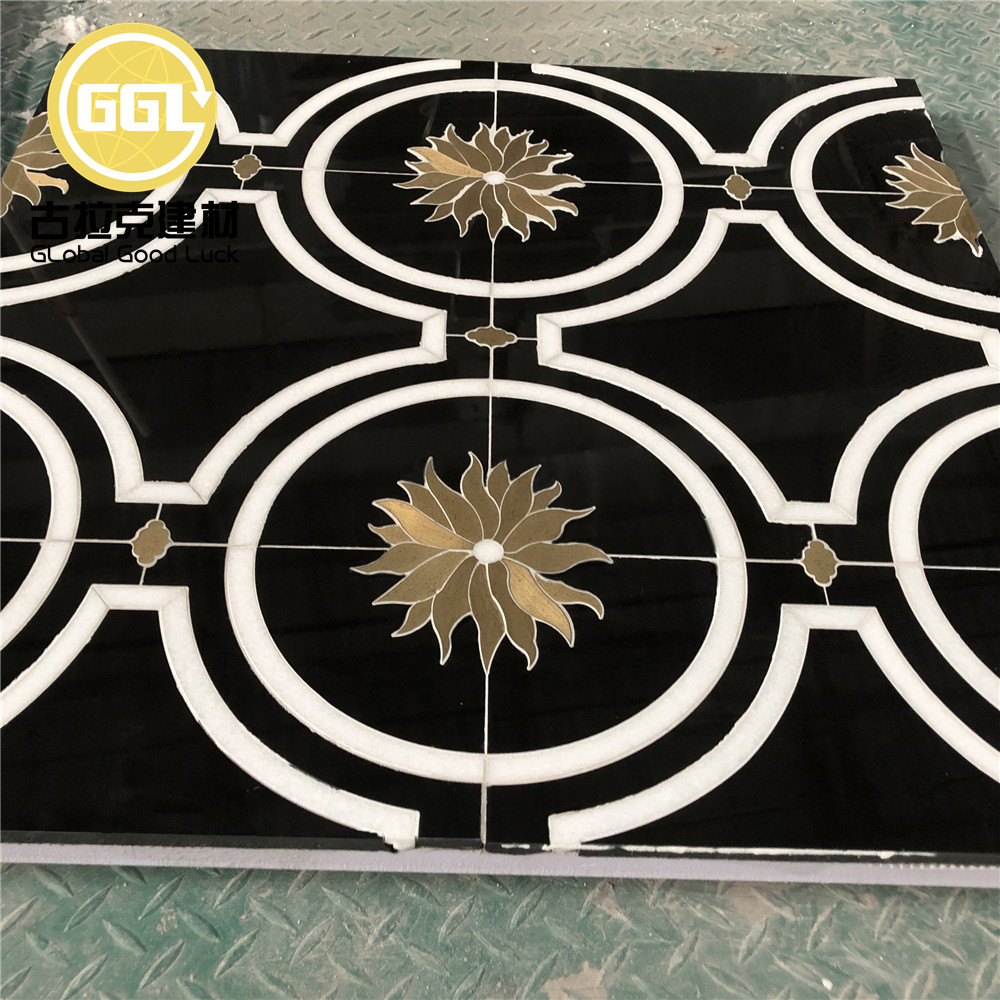 Schwarze Marmor Mosaikfliese Gold Sonnenblumenmuster Messing Einlegearbeiten für Wand- und Bodenfliesen