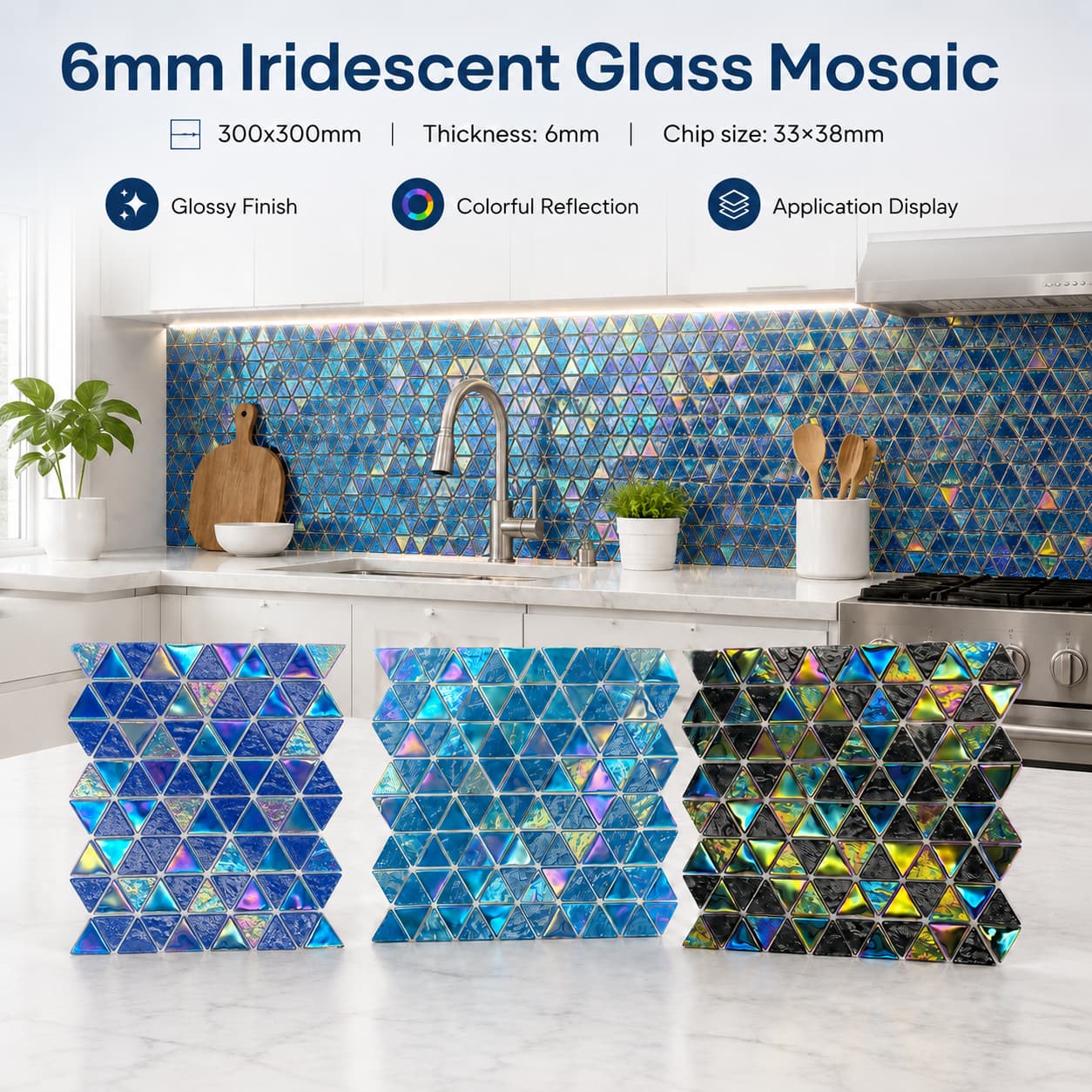 Mosaik Kaca Kristal Berbentuk Segitiga dengan Pelangi | Ubin Kaca Iridesen untuk Kolam Renang dan Desain Interior