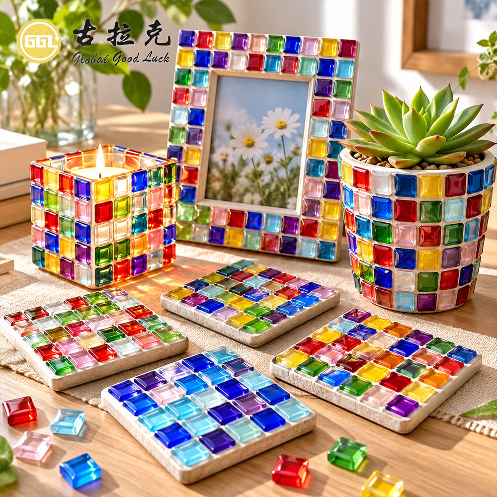 3D Faceted Square Glass Mosaic Tiles – Colorful Glossy Decorative Mosaic