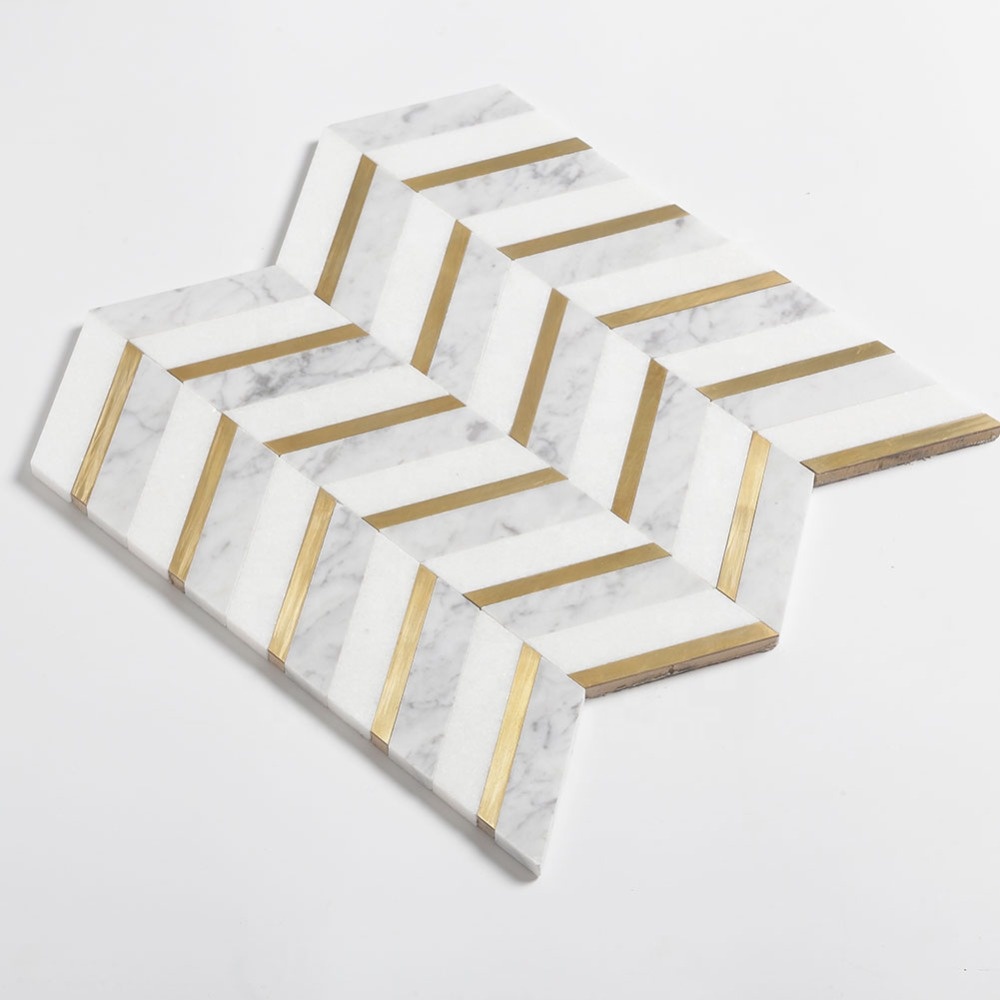 Natural White Marble Mix Brass Chevron Marble Mosaic Tile