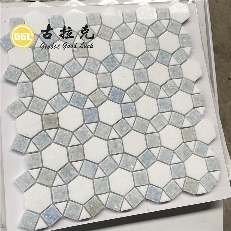 Mozaic de marmură hexagonal Thassos White Mix Blue pentru caracteristici de pardoseală și pereți
