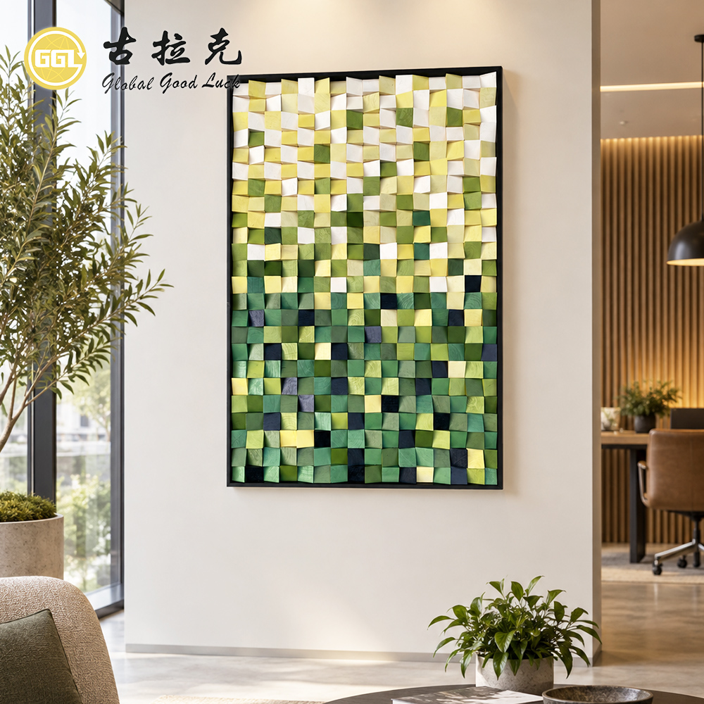 Handmade 3D Green Gradient Wood Mosaic Mural
