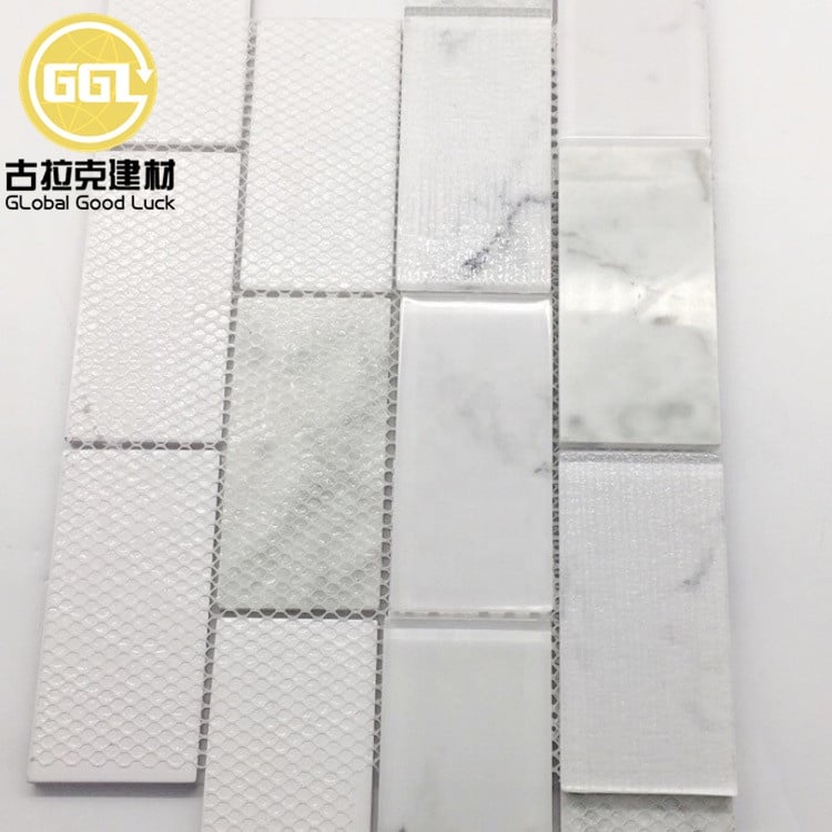 Strip Shape Stone Mix Crystal Glass Mosaic Tile for Bathroom Wall Tile