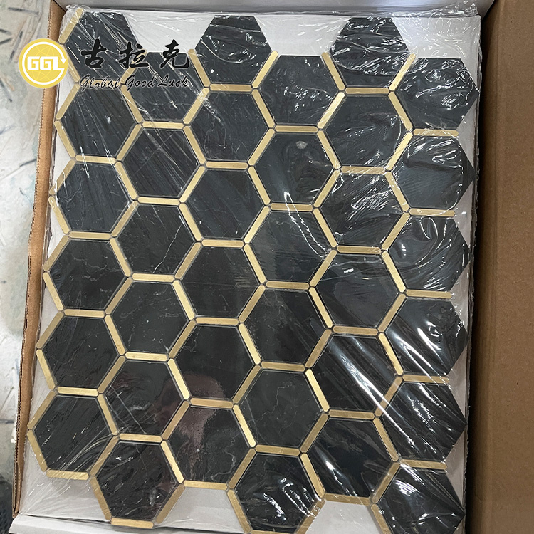 Nero Marquina Mermer Karışımı Bakır Mozaik Çini Su Jeti Altıgen Siyah Duvar Çini