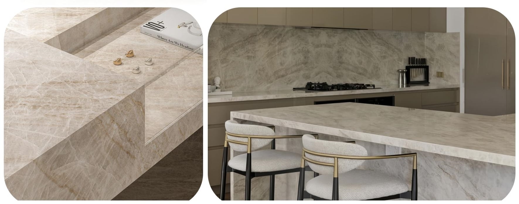 Contemporary kitchen design inspiration for natural quartzite countertops and full-height stone backsplash