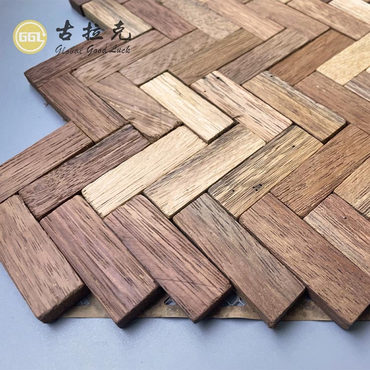 Natural Herringbone Wood Mosaic Tiles – Rustic Wooden Wall Panels for Interior Decoration