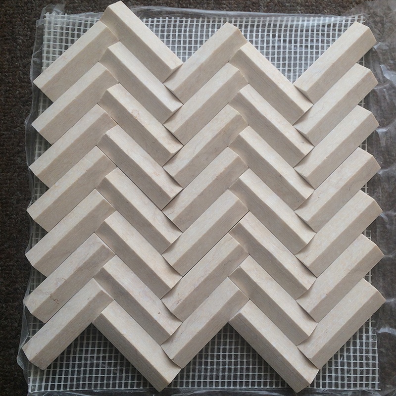 3D Crema Marfil Fischgrätenform Marmormosaik für Wandfliesen