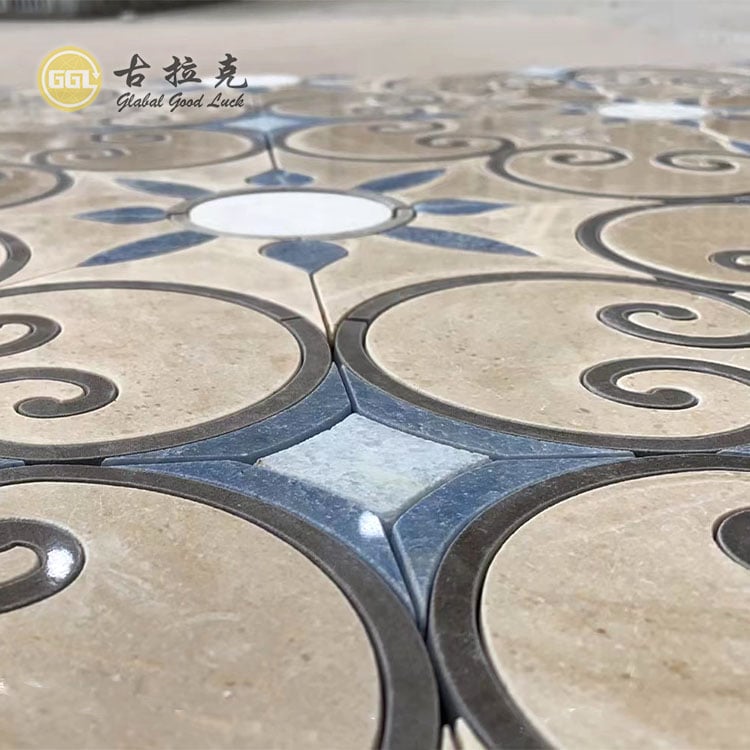 Flower Design Marble Mosaic Tile Blaue Beige Steinfliesen für die Villen-Innenausstattung