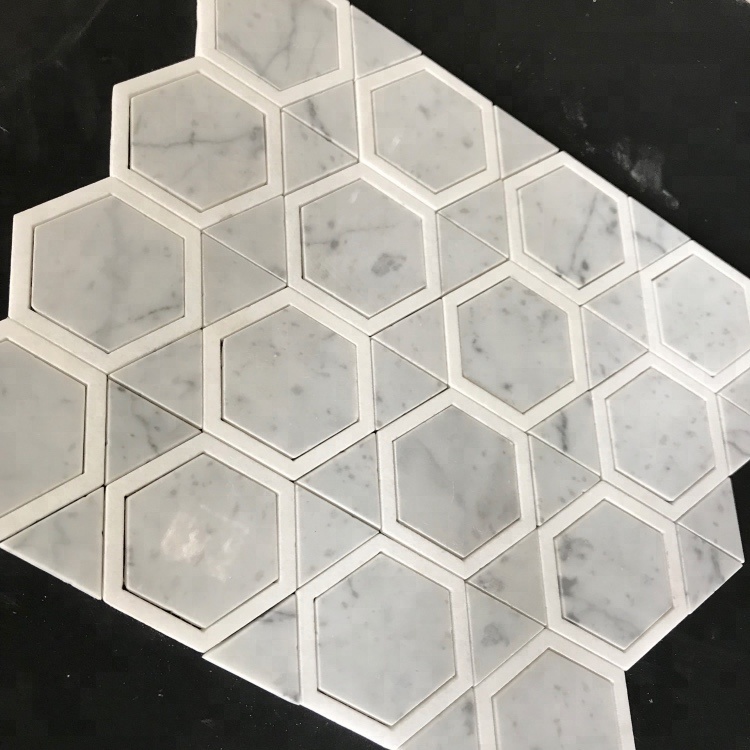 Hexagon Shape Mix Triangelmarmur Carrara Vit Parkett Egenskap Mosaiktavla