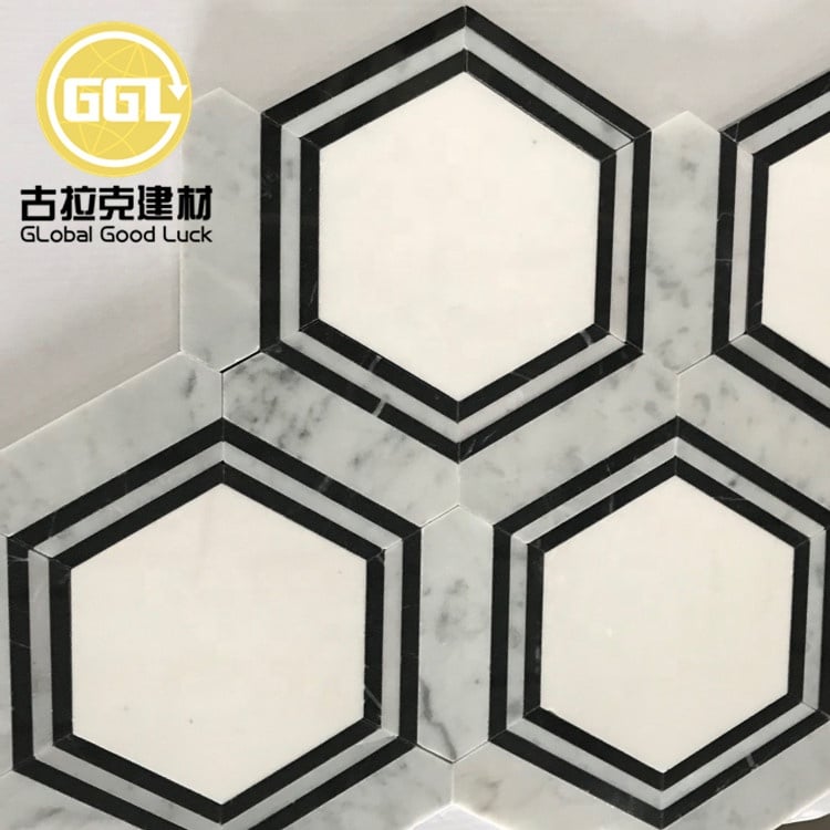 Poliertes Carrara-Weiß-Marmor-Mix-Nero-Schwarz-Marmor-Hexagon-Form-Mosaik-Kachel Für Heim/Villa-Wand/Boden-Design