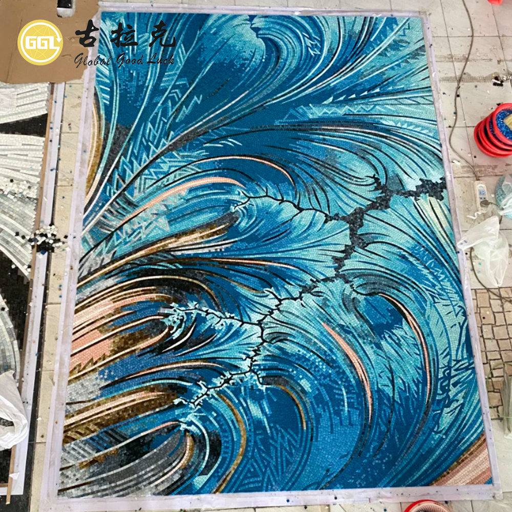 Custom Blue Wave Mosaic Mural for Luxury Interior Wall Decoration