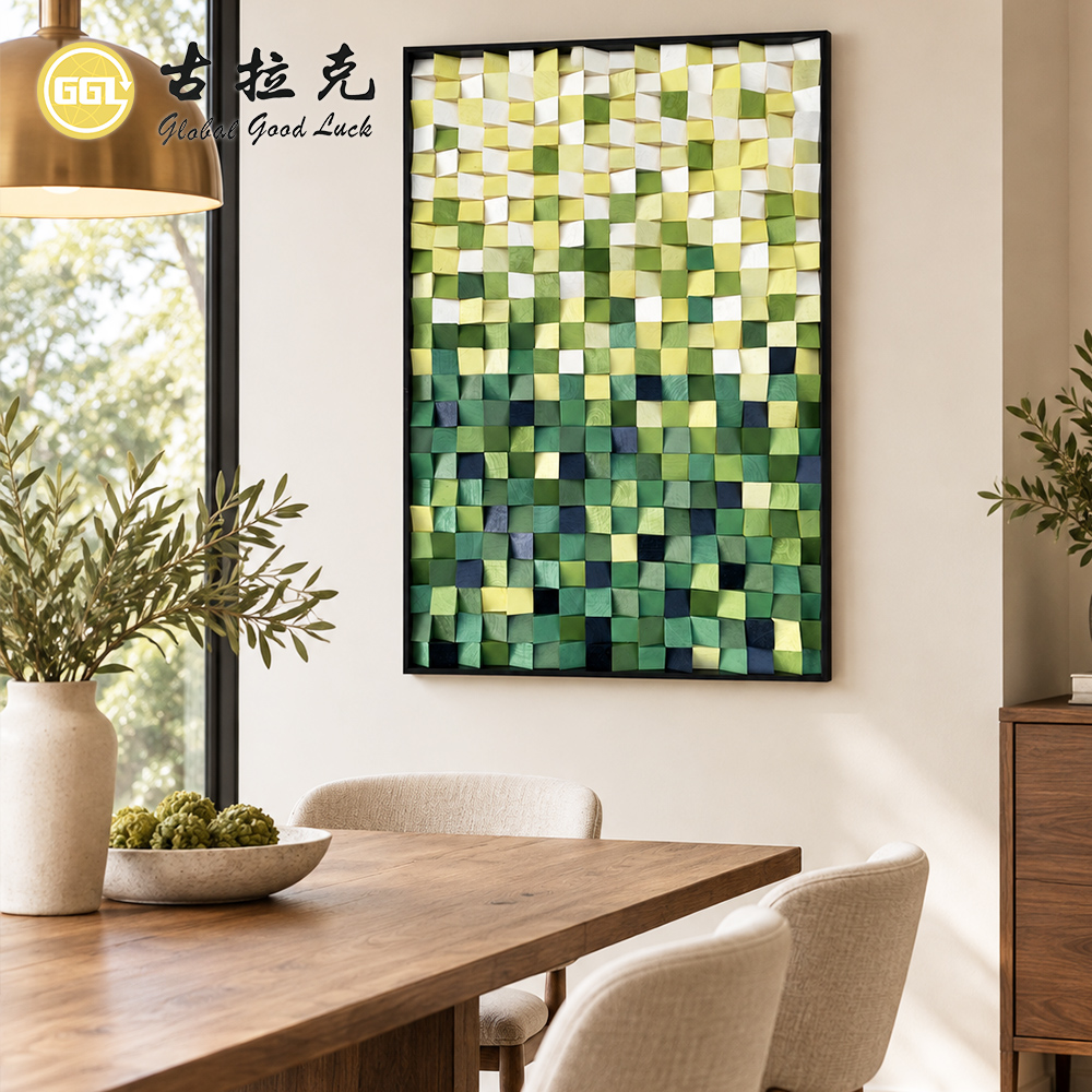 Handmade 3D Green Gradient Wood Mosaic Mural
