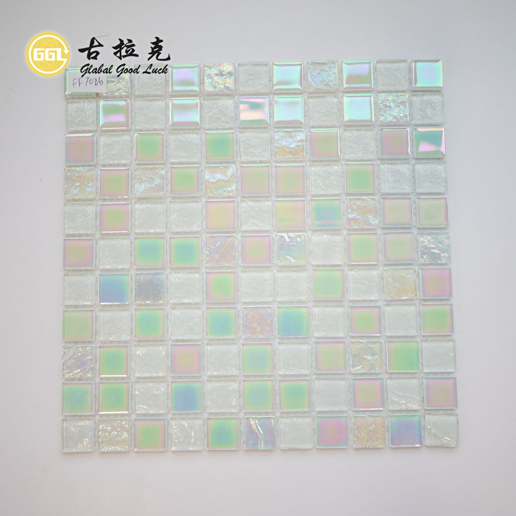 Backplash Wall Decor White Mix Green Rainbow Crystal Glass Mosaic Tile for Swimming Pool