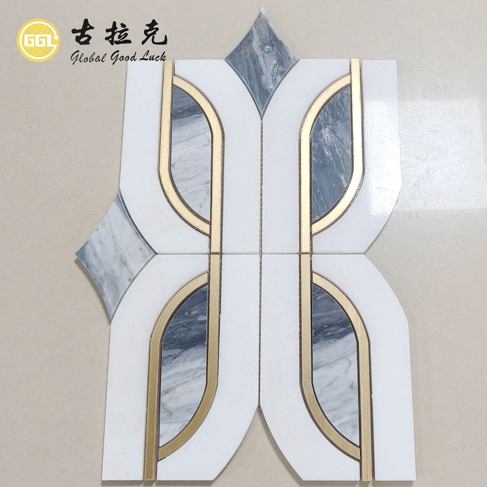 Natural Marble Waterjet Mosaic Tile with Brass Inlay | Florence Grey & White Marble Design