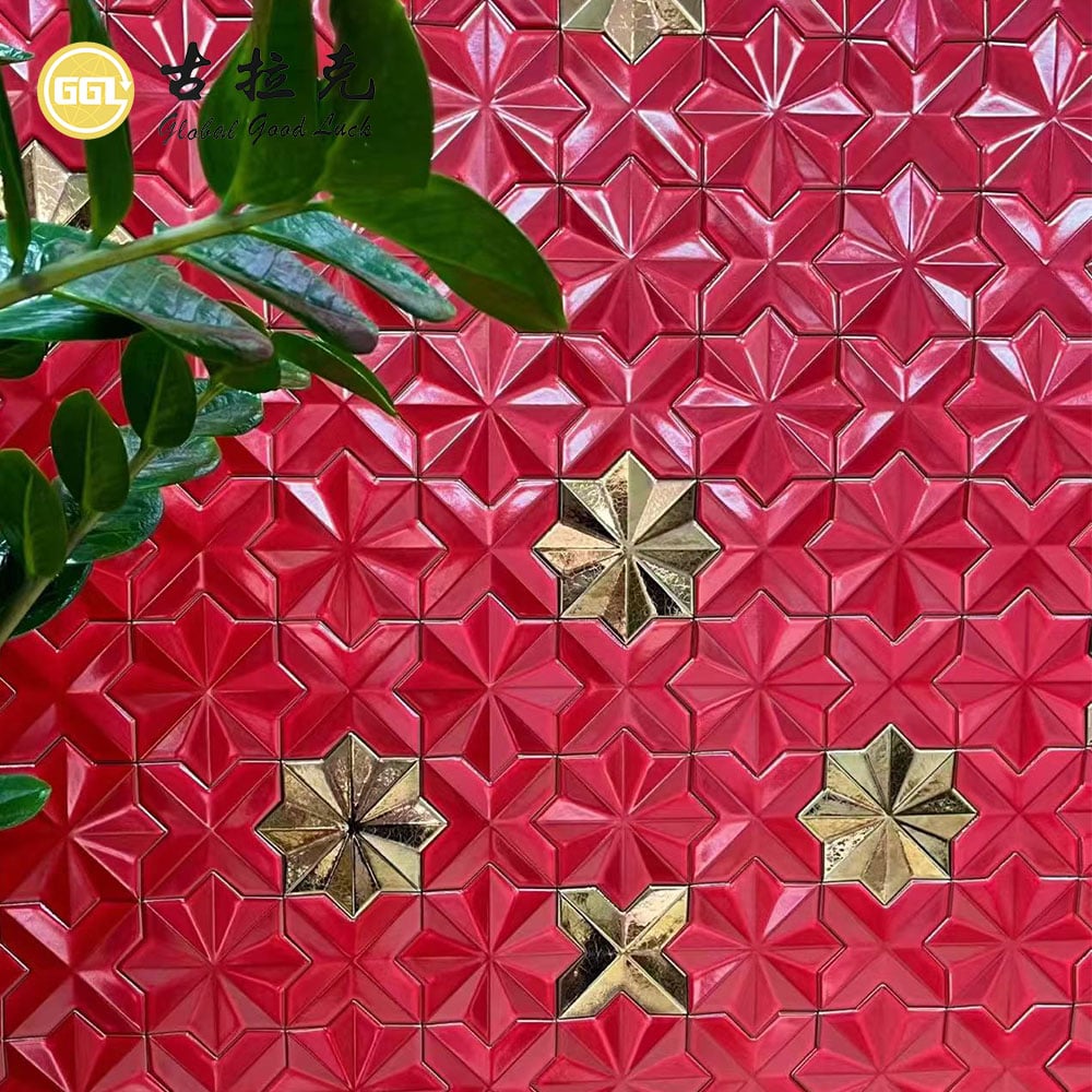 Red 3D Star Pattern Ceramic Mosaic Tile with Gold Accents for Decorative Walls