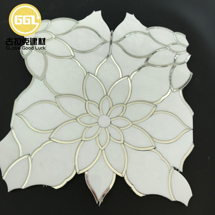 Estilo Espelho Antigo Mosaico de Peças Wateriet Vidro e Mármore Carrara Padrão de Flor Mosaico de Peças