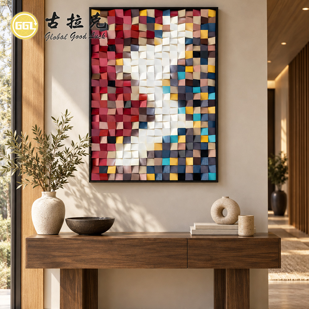 Handmade 3D Abstract Color Block Wood Mosaic Mural